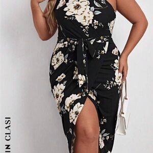 Elegant Black Floral Dress one shoulder